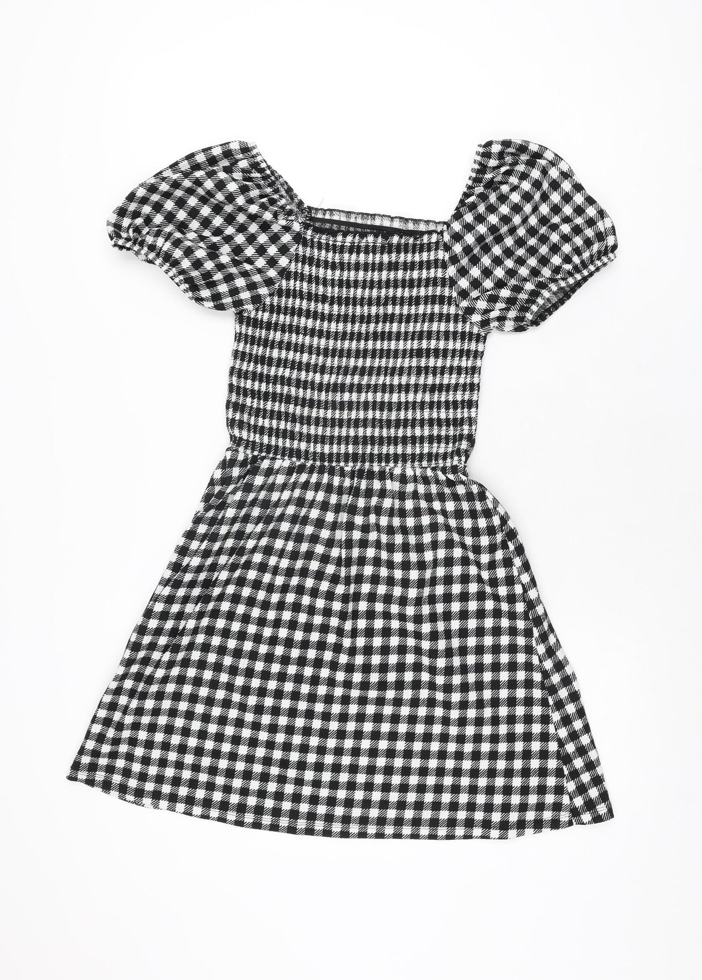 New Look Girls Black Gingham Polyester Skater Dress Size 12-13 Years Square Neck Pullover