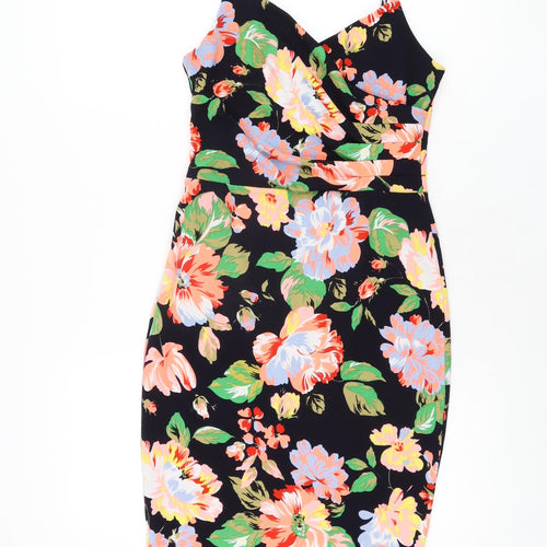 New Look Womens Black Floral Polyester Bodycon Size 10 V-Neck Pullover