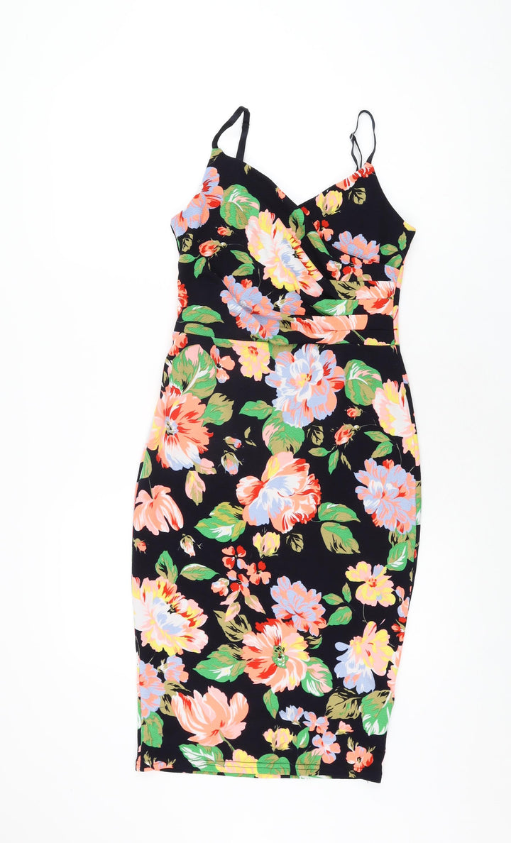 New Look Womens Black Floral Polyester Bodycon Size 10 V-Neck Pullover