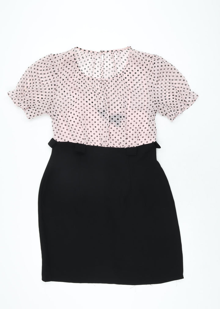 Connected Apparel Womens Pink Polka Dot Polyester Bodycon Size 10 Round Neck Zip