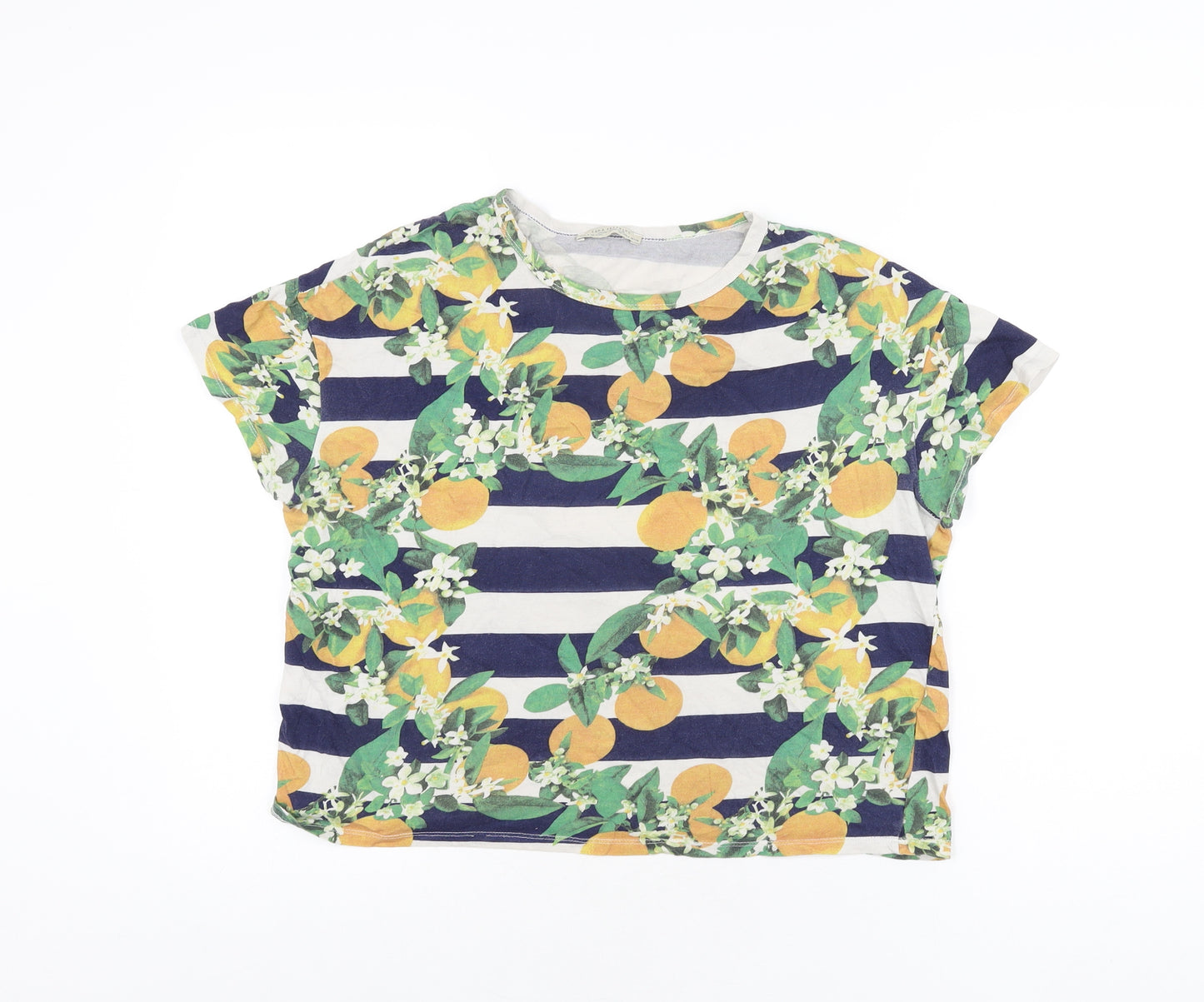 Zara Womens White Striped Polyester Basic T-Shirt Size S Round Neck - Lemon Print