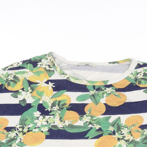 Zara Womens White Striped Polyester Basic T-Shirt Size S Round Neck - Lemon Print
