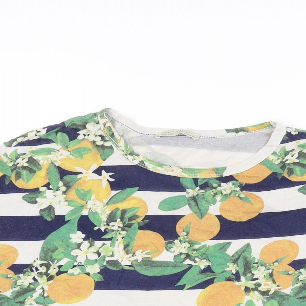 Zara Womens White Striped Polyester Basic T-Shirt Size S Round Neck - Lemon Print