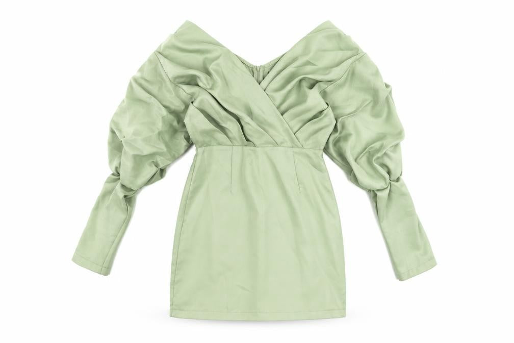Front view of PRETTYLITTLETHING women’s green polyester mini, size UK 10, v-neck zip