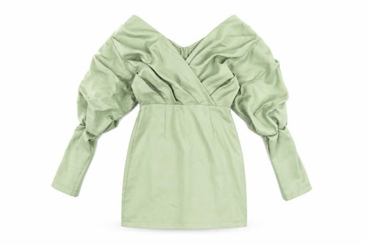 Front view of PRETTYLITTLETHING women’s green polyester mini, size UK 10, v-neck zip