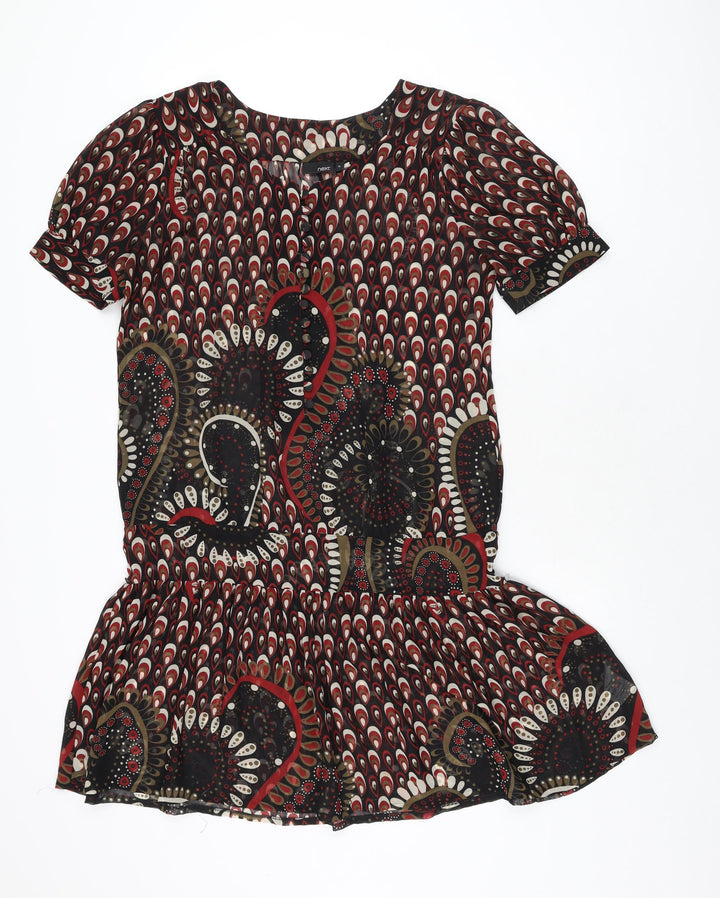 NEXT Womens Black Geometric Polyester Shift Size 10 Round Neck Button
