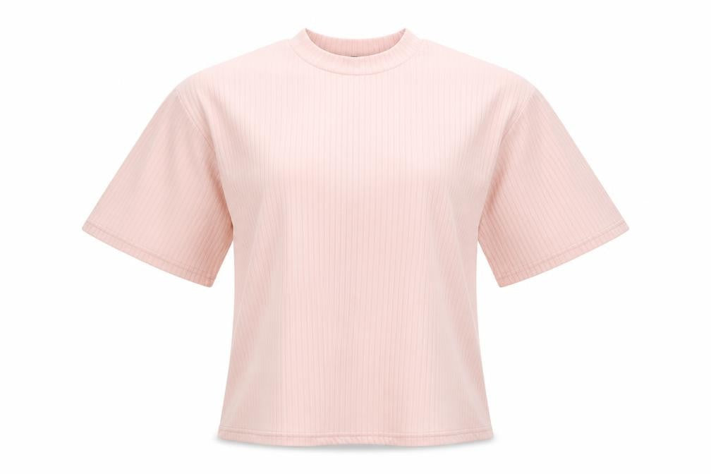 Front view of Boohoo women’s pink polyester basic t-shirt, size UK 10, round neck