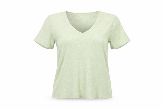 Front view of OPUS women’s green geometric polyester basic t-shirt, size UK 12, v-neck