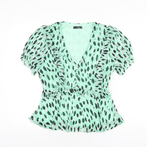 Quiz Womens Green Geometric Polyester Basic Blouse Size 10 V-Neck