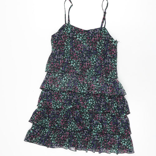 H&M Womens Black Floral Polyester Mini Size 10 Square Neck Zip