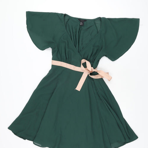 H&M Womens Green Polyester Wrap Dress Size 4 V-Neck Tie