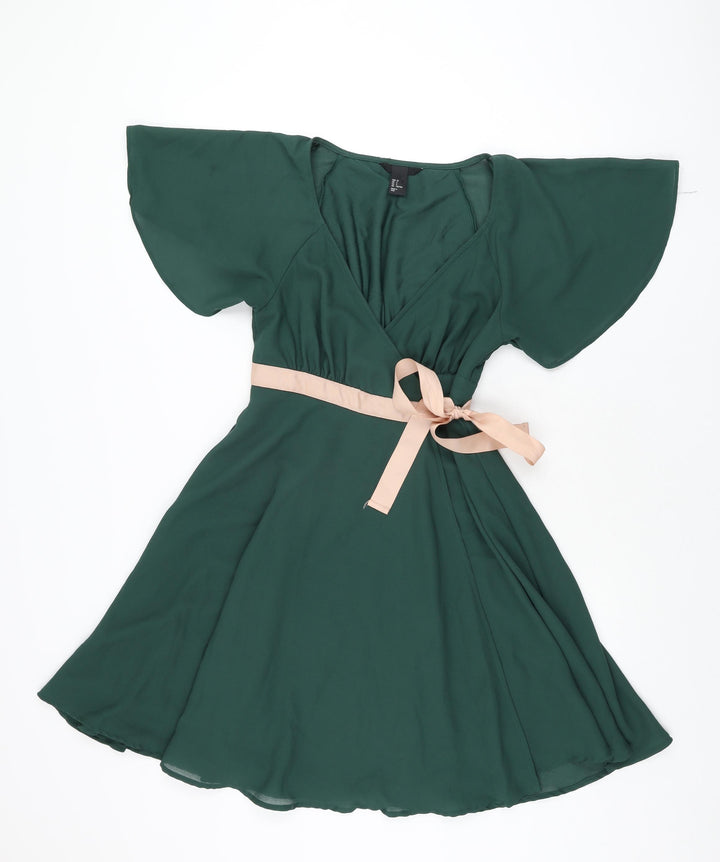 H&M Womens Green Polyester Wrap Dress Size 4 V-Neck Tie