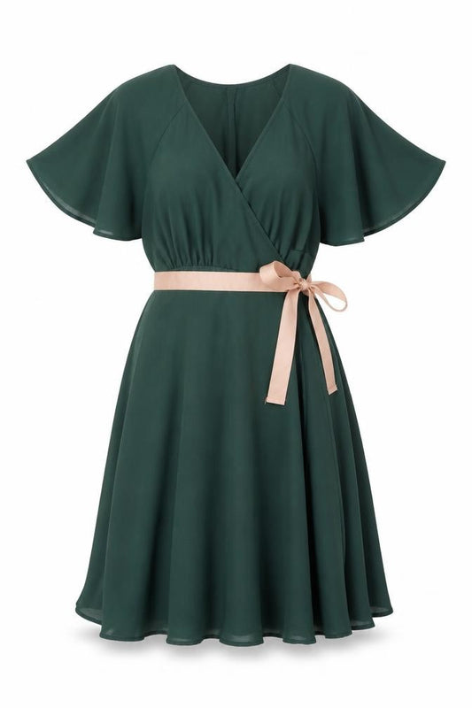 Front view of H&M women’s green polyester wrap dress, size UK 4, v-neck tie