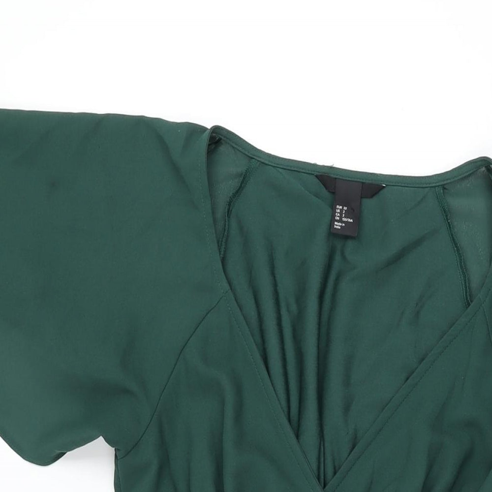 H&M Womens Green Polyester Wrap Dress Size 4 V-Neck Tie