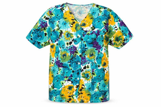 Front view of Co-ordinate Club women’s multicoloured floral cotton basic button-up, size UK 22, v-neck -, size UK 22-24
