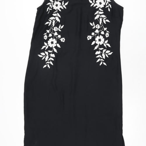 Marks and Spencer Womens Black Floral Polyester Shift Size 10 Boat Neck Button