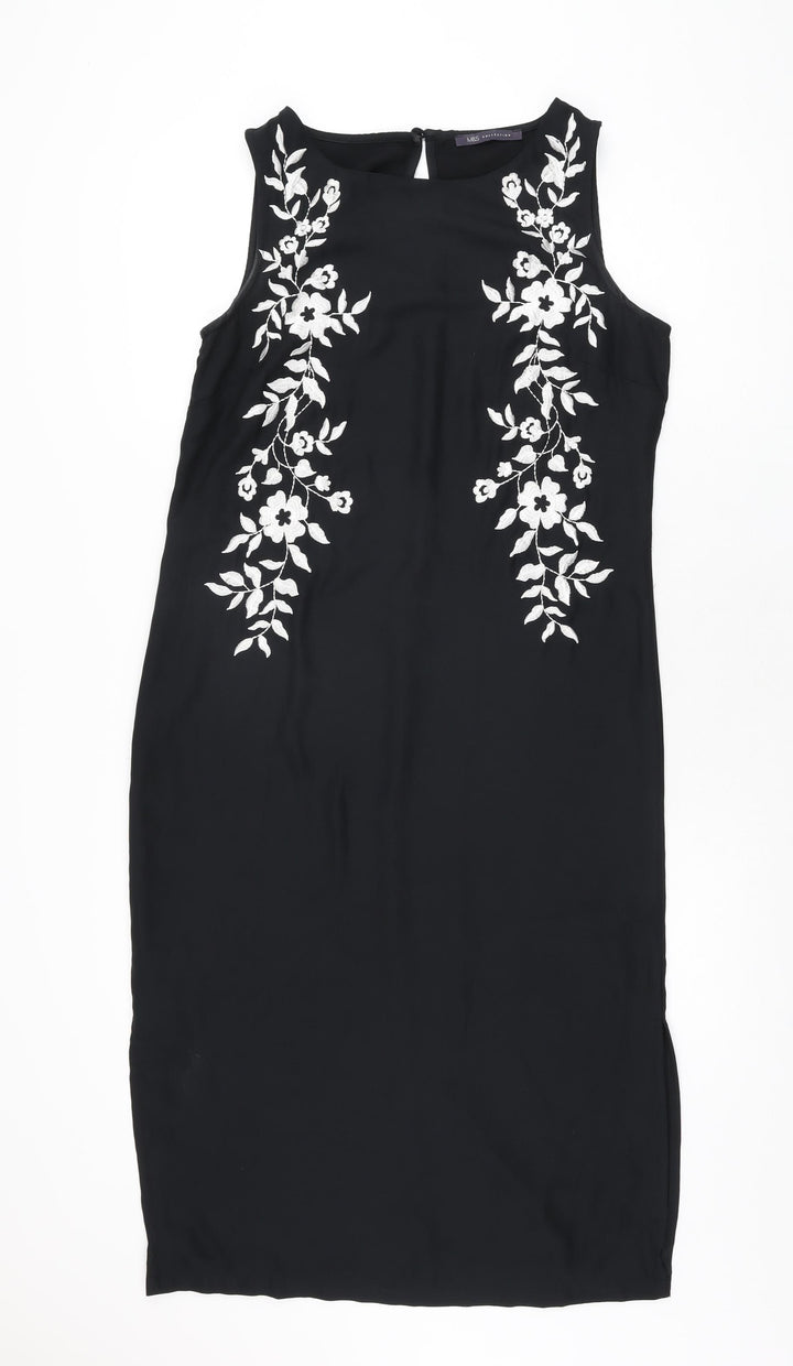Marks and Spencer Womens Black Floral Polyester Shift Size 10 Boat Neck Button