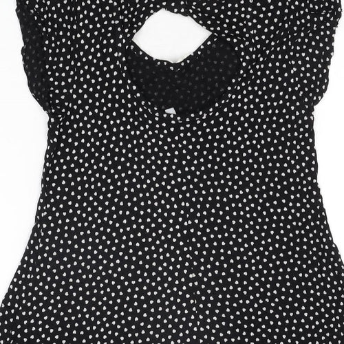 Red Herring Womens Black Geometric Viscose Basic T-Shirt Size 8 V-Neck - Heart Print