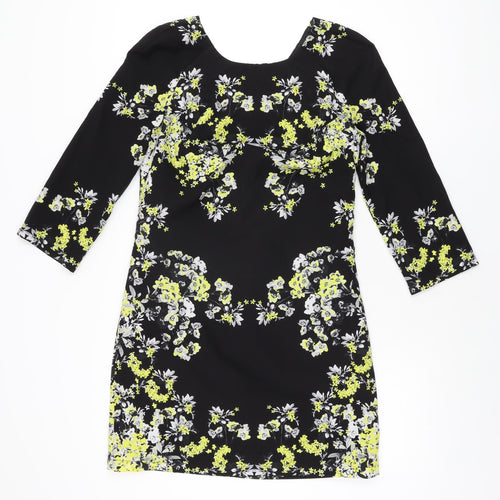 Warehouse Womens Black Floral Polyester Shift Size 8 Round Neck Zip