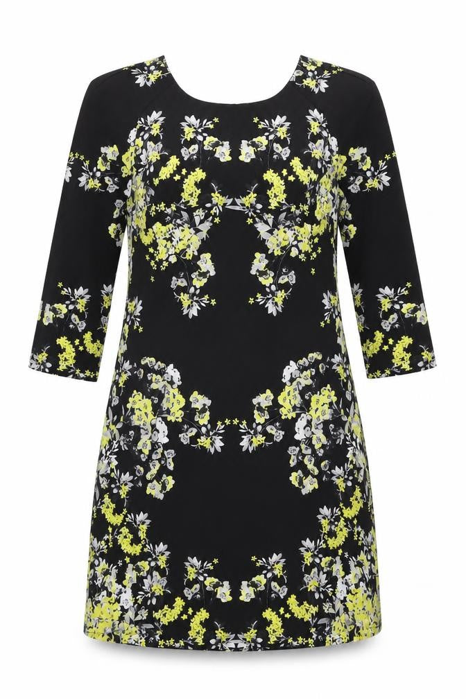 Front view of Warehouse women’s black floral polyester shift, size UK 8, round neck zip