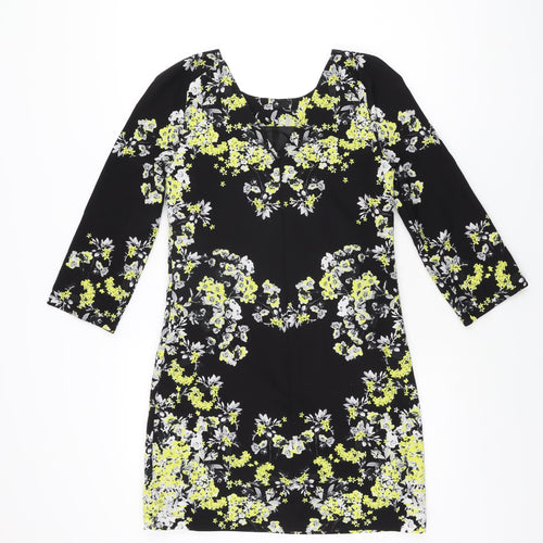 Warehouse Womens Black Floral Polyester Shift Size 8 Round Neck Zip