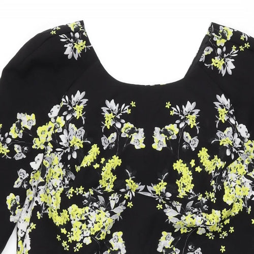 Warehouse Womens Black Floral Polyester Shift Size 8 Round Neck Zip