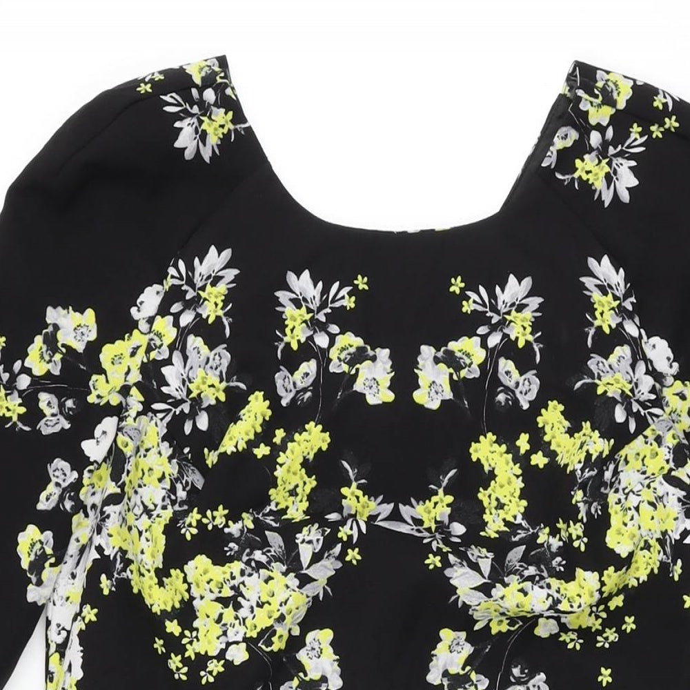 Warehouse Womens Black Floral Polyester Shift Size 8 Round Neck Zip