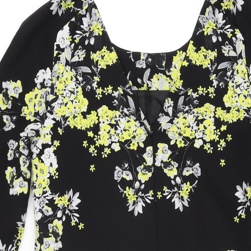 Warehouse Womens Black Floral Polyester Shift Size 8 Round Neck Zip