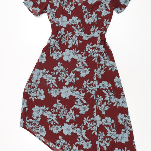 New Look Womens Red Floral Polyester Wrap Dress Size 8 V-Neck Tie