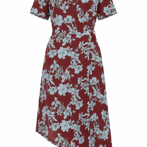 New Look Womens Red Floral Polyester Wrap Dress Size 8 V-Neck Tie