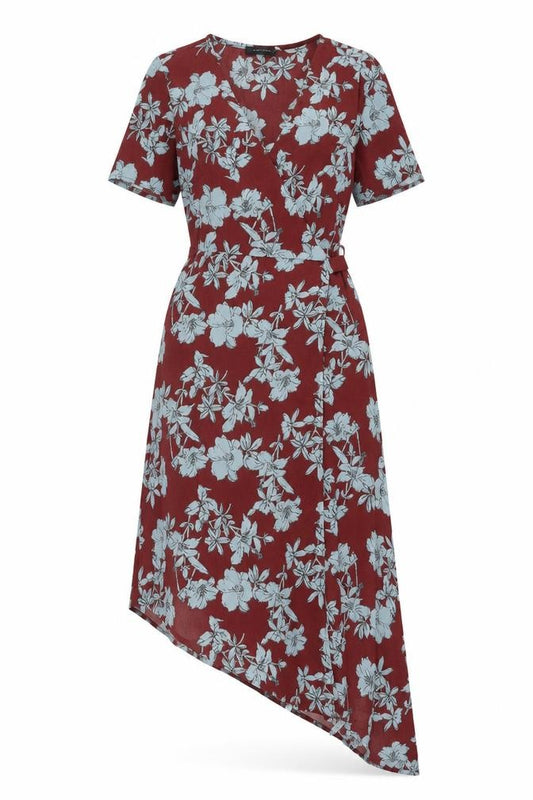 Front view of New Look women’s red floral polyester wrap dress, size UK 8, v-neck tie