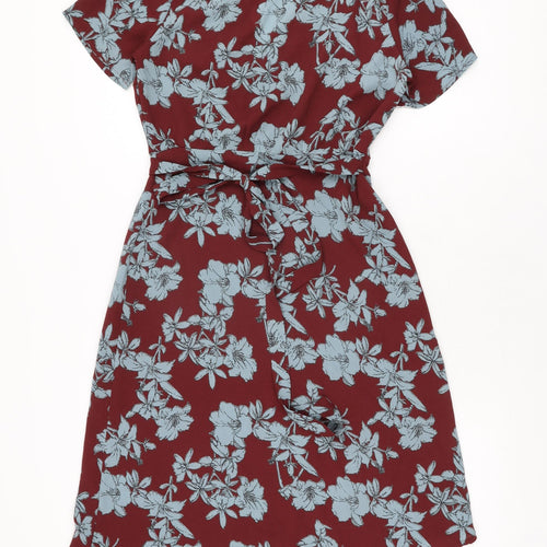 New Look Womens Red Floral Polyester Wrap Dress Size 8 V-Neck Tie