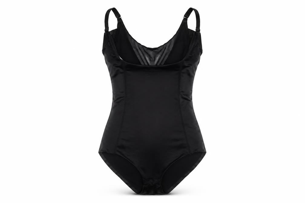 Front view of Debenhams women’s black polyamide bodysuit one-piece, size UK 8, snap