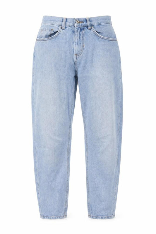 Front view of Pimke women’s blue cotton mom jeans, size UK 26, in, 26-inch leg regular button