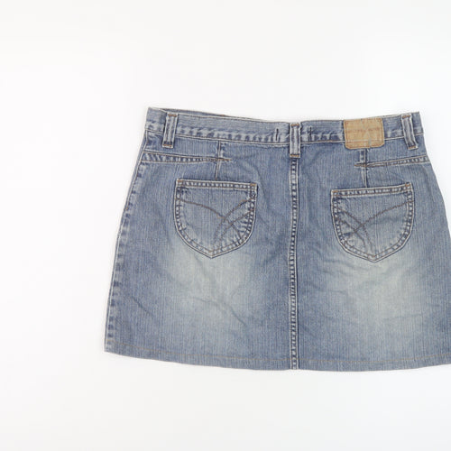 River Island Womens Blue Cotton Mini Skirt Size 12 Button - Vintage
