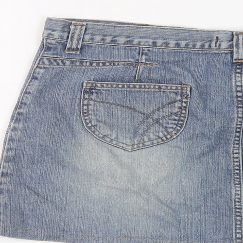 River Island Womens Blue Cotton Mini Skirt Size 12 Button - Vintage