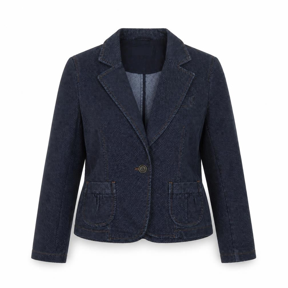 Front view of Marks & Spencer women’s blue polka dot jacket, size UK 14, button