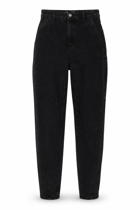 Front view of Stradivarius women’s beige cotton mom jeans, size UK 6, 27-inch leg regular button