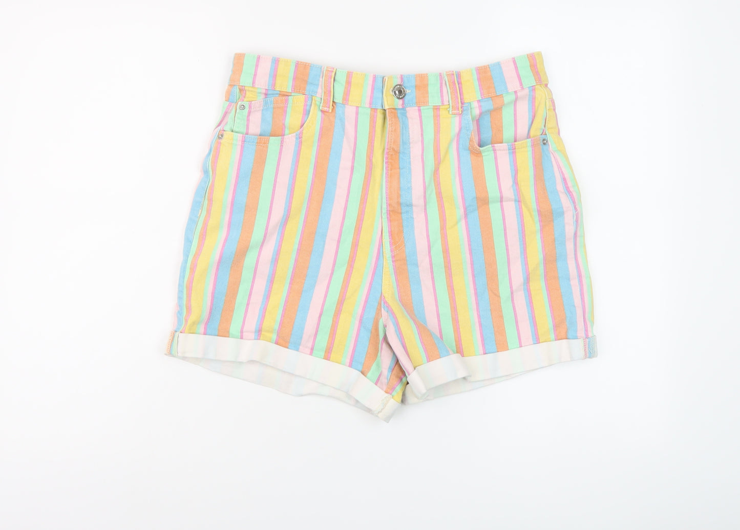 Denim & Co. Womens Multicoloured Striped Cotton Mom Shorts Size 16 L4 in Regular Button