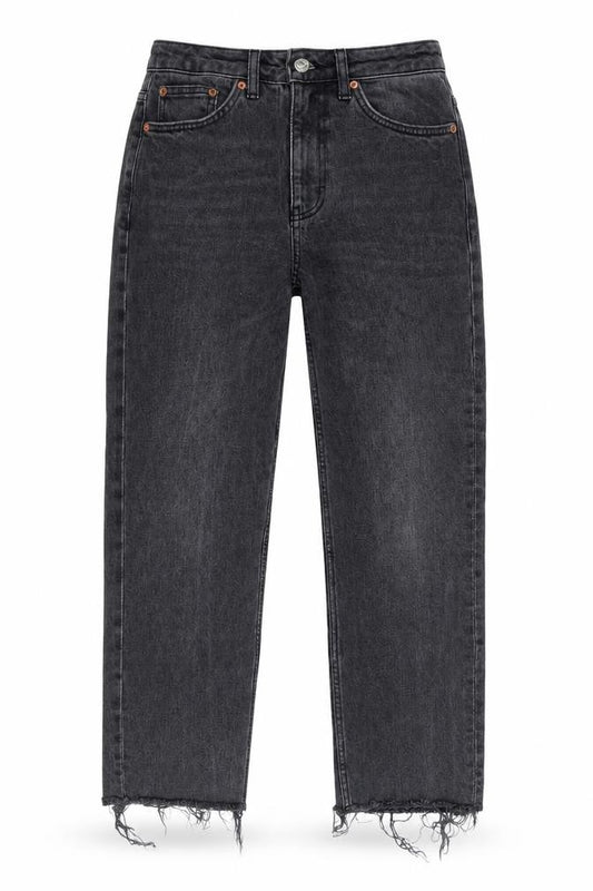 Front view of Topshop women’s grey cotton mom jeans, size UK 28, in, 24-inch leg regular button