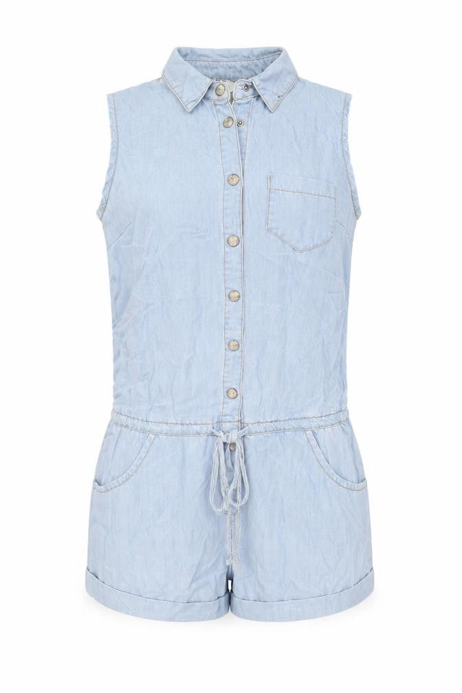 Front view of Missguided women’s blue cotton playsuit one-piece, size UK 10, snap