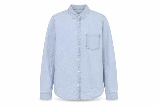 Front view of Denim & Co. women’s blue cotton basic button-up, size UK 12, collared