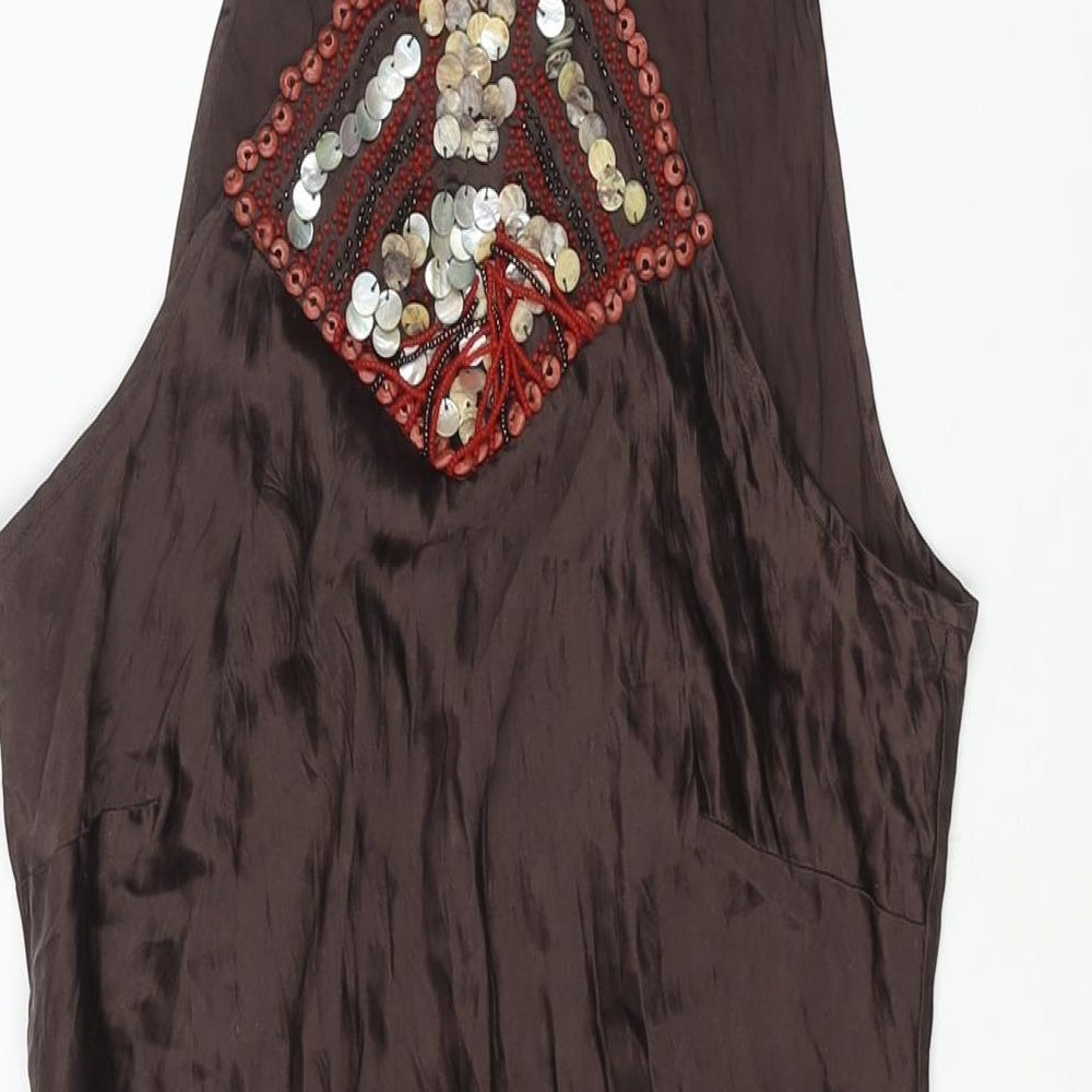 Principles Womens Brown Silk Tunic Blouse Size 10 Round Neck - Beading Detail