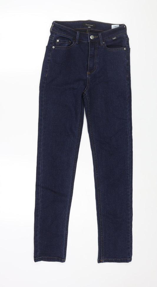 Front view of Marks & Spencer men’s blue cotton skinny jeans, size 24, in, 27-inch leg regular zip