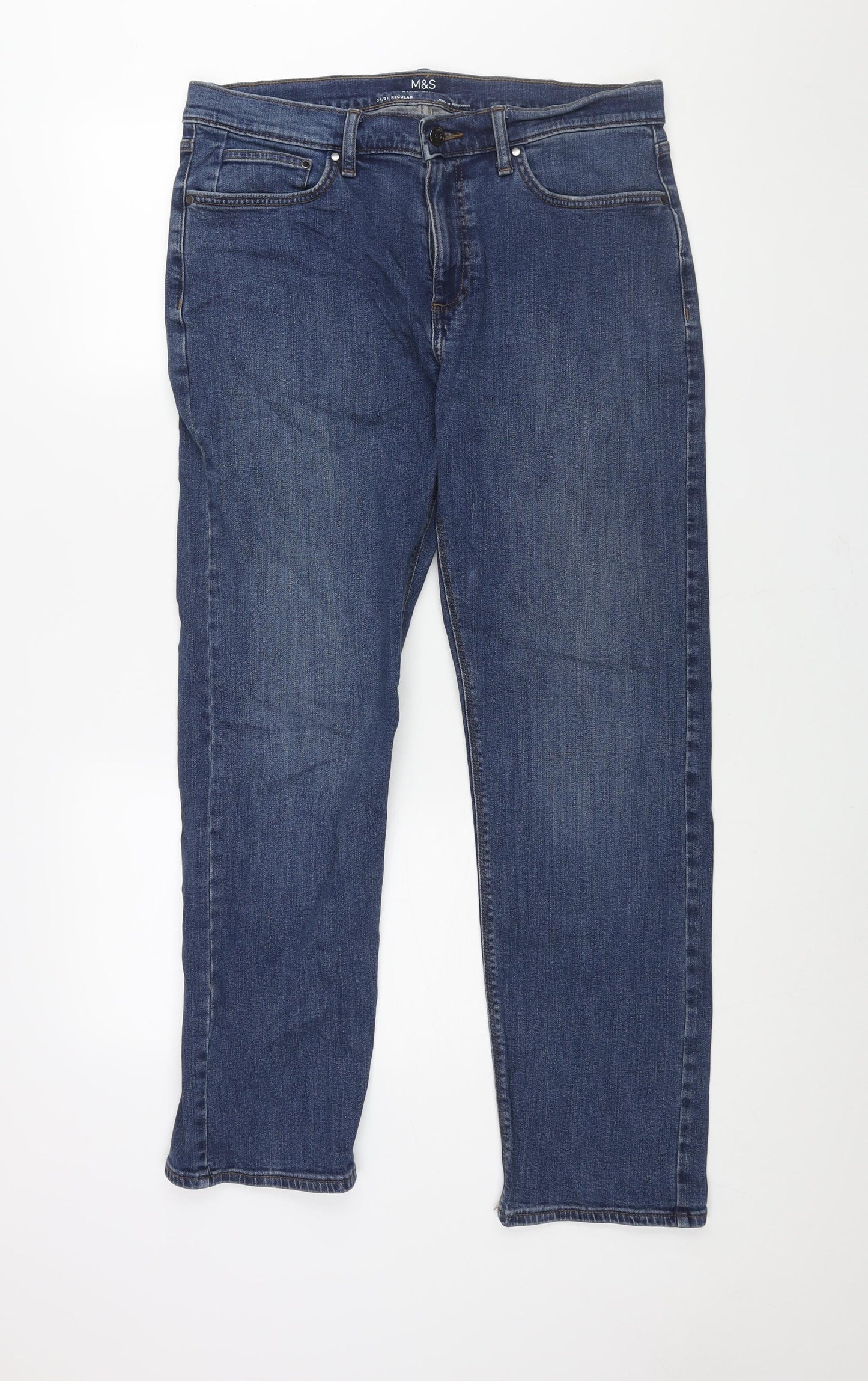 Marks and Spencer Mens Blue Cotton Straight Jeans Size 34 in L31 in Regular Zip