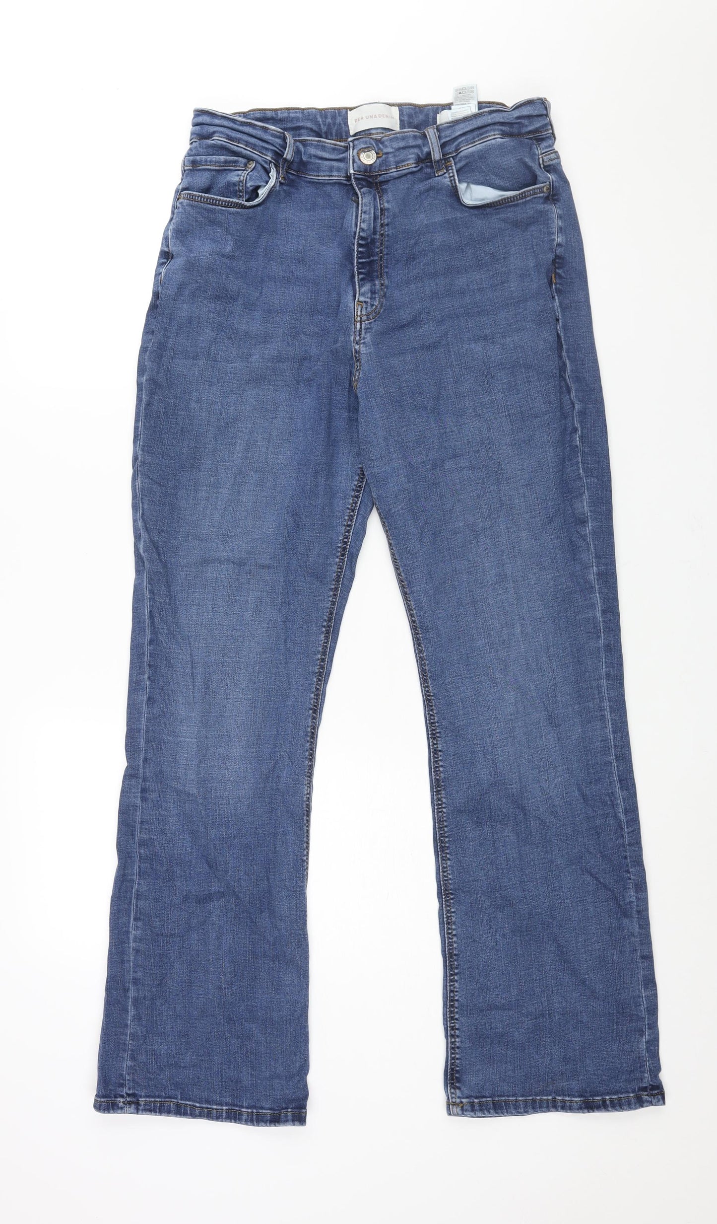 Per Una Womens Blue Cotton Flared Jeans Size 16 L30 in Slim Zip