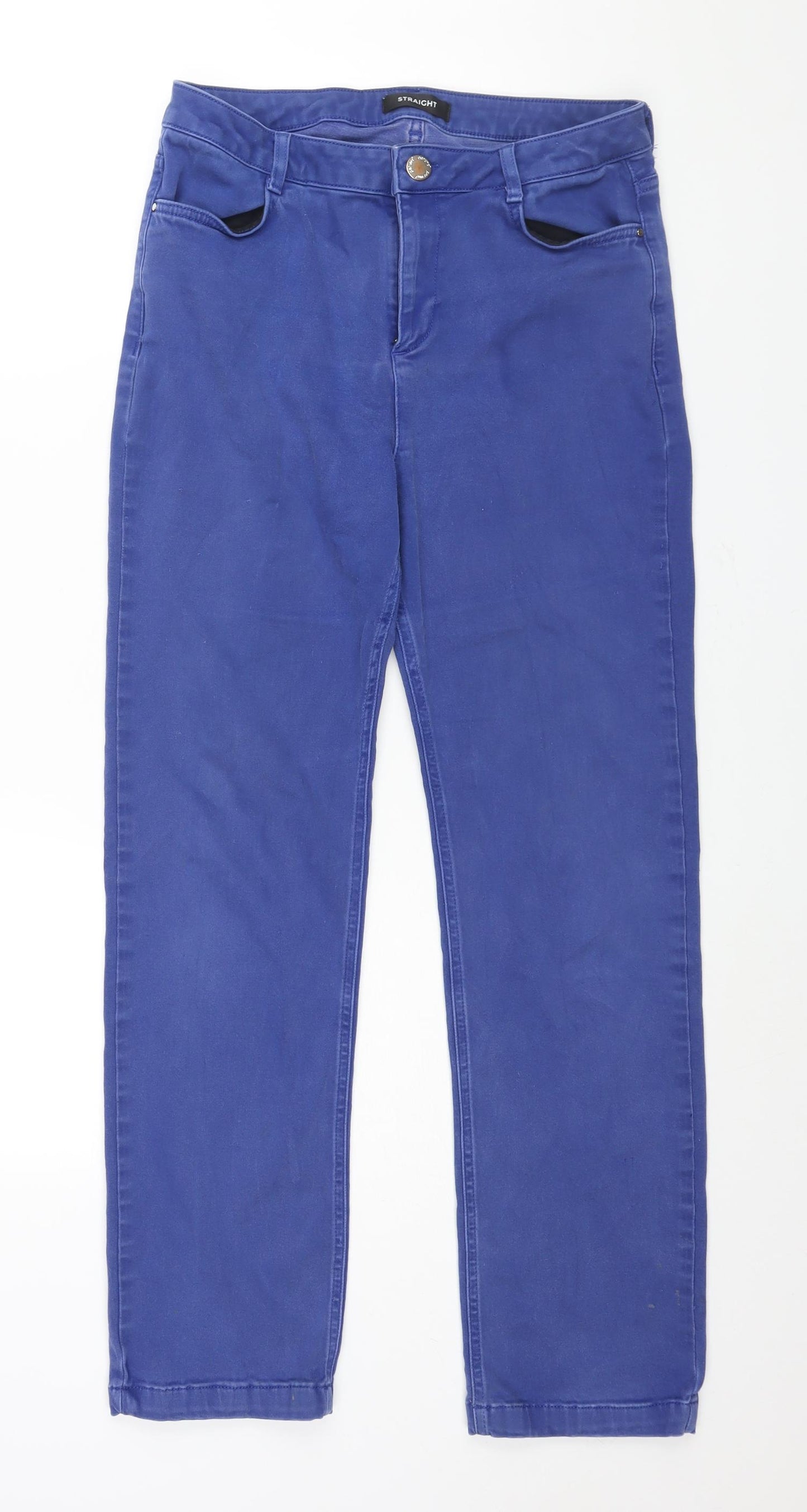 Marks and Spencer Womens Blue Cotton Straight Jeans Size 14 L28 in Regular Zip