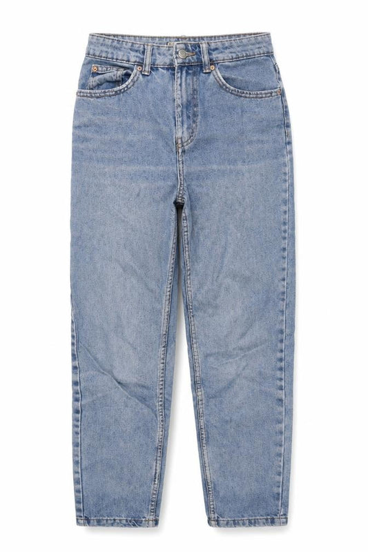 Front view of Denim & Co. women’s blue cotton mom jeans, size UK 4, 27-inch leg regular zip