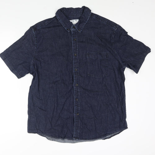 Hellada Mens Blue Cotton Button-Up Size XL Collared Button