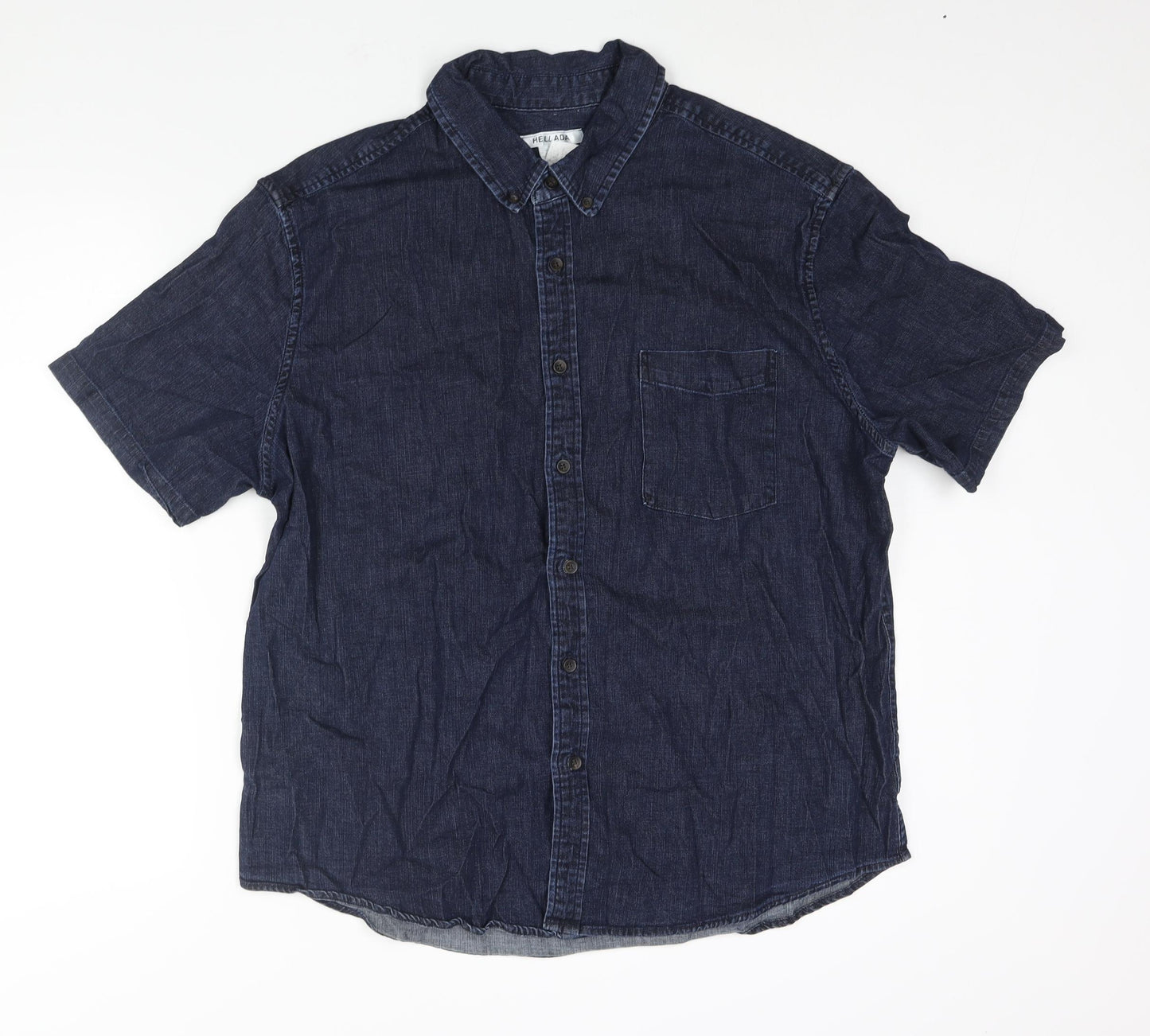 Hellada Mens Blue Cotton Button-Up Size XL Collared Button